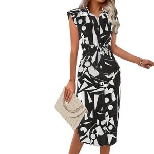 Geo Print Button Front Belted Dress, Elegant Cap Sleeve Split Dress For Spring &